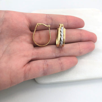 18K Gold Layered Oro Laminado Two Tone Texturized Hoops 21.0237